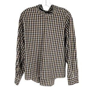 Zara Blouse Womens Size Medium Navy Ivory Plaid Neck Bow Cotton Academia